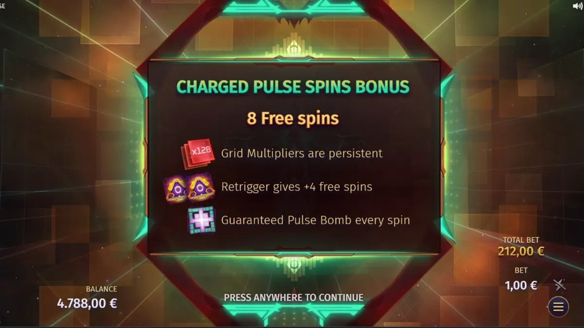 Tampilan grid 7x7 futuristik dari slot Phantom Pulse dengan efek visual kosmik